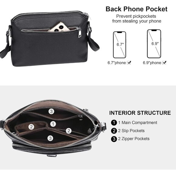 Luxury Black Cowhide Leather Crossbody Purse for Women - Sleek Design & Storage - Picture 5 of 8